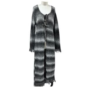 VTG Y2K Twiggy Mohair Long Duster Cardigan Sweater Fringe Trim  Gray Large
